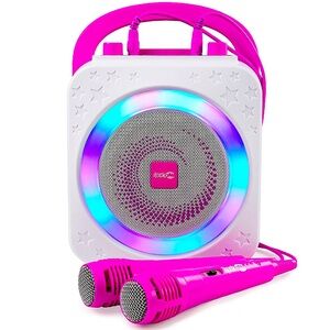 NWT Pink Bluetooth Karaoke Machine w/ 2 Microphones, Lights & Voice Effects
